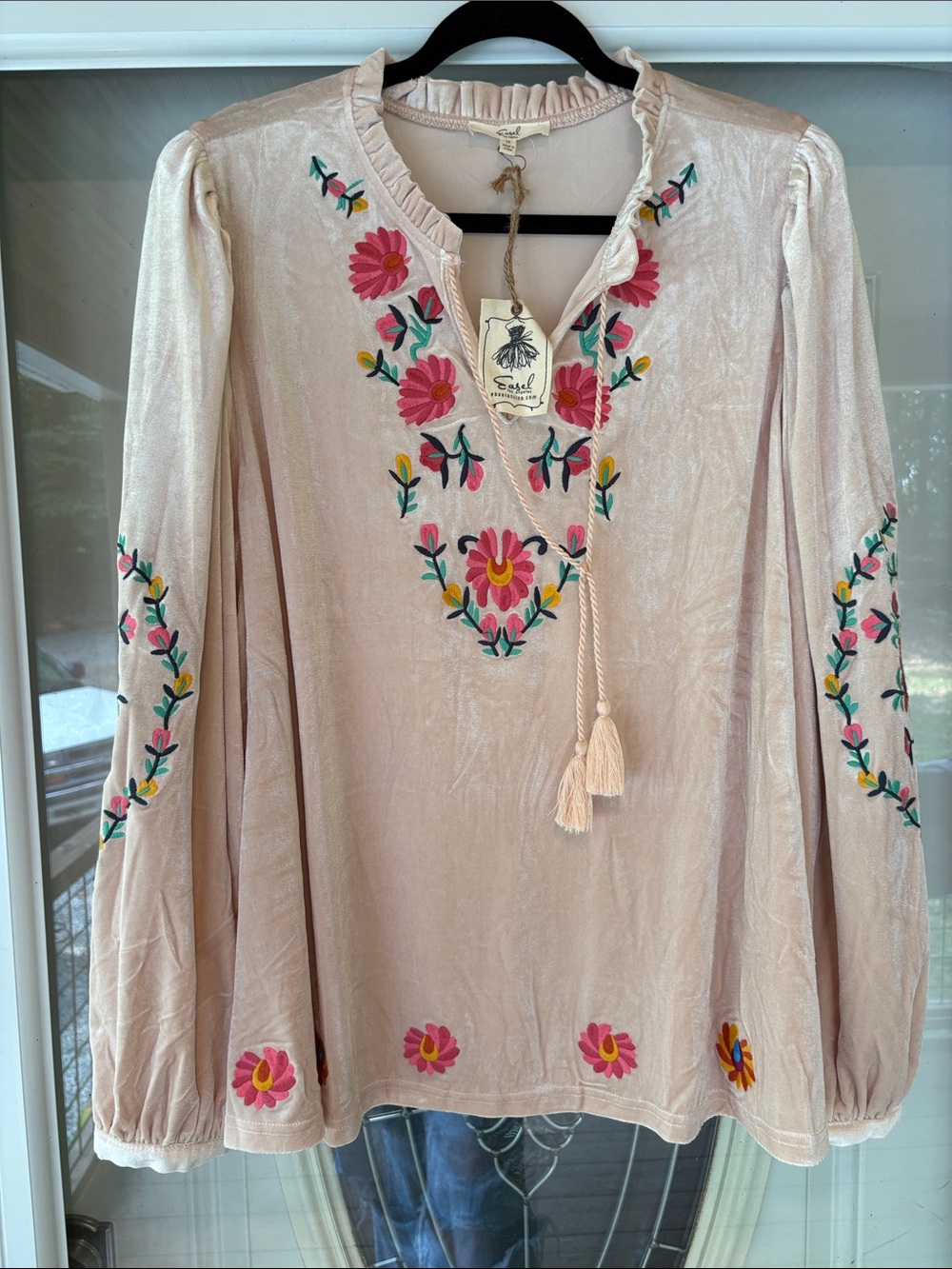 NWT easel Pale Blush Velvet Tunic with Pink & Yellow Floral Embroidery